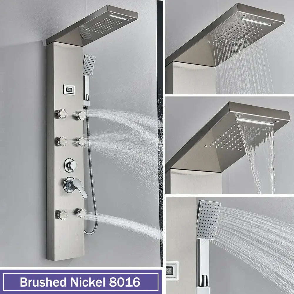 Brushed nickel decorbites black massage shower panel with temperature display rainhead handheld spray and controls