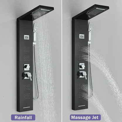 Decorbites black massage jet rainfall shower panel in matte finish with temperature display and chrome controls