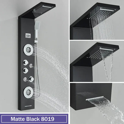Matte black decorbites black massage shower panel with temperature display rain shower head and 5 spray modes