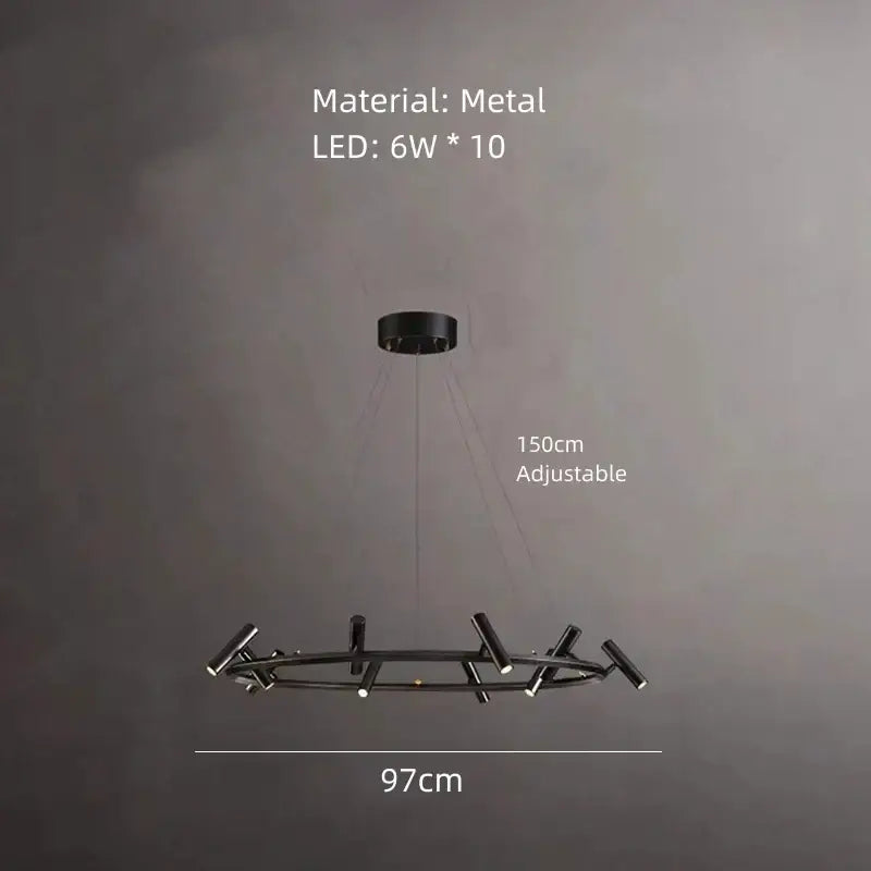 Decorbites black metal chandelier with ten 6w led lights in a circular modern design for minimalist dining rooms