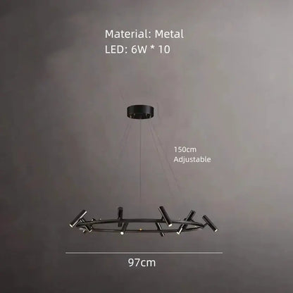 Decorbites black metal chandelier with ten 6w led lights in a circular modern design for minimalist dining rooms