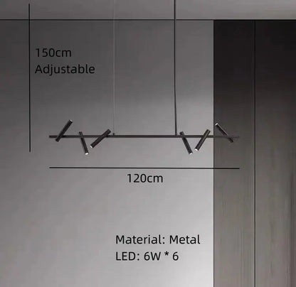 Modern black metal linear pendant light with six 6w led bulbs for dining room by decorbites black metal chandelier