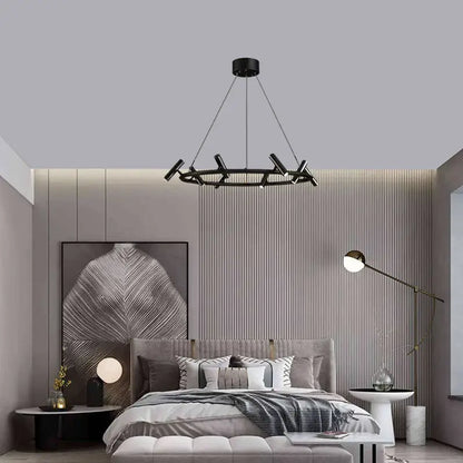 Black metal chandelier by decorbites with angular arms and embedded leds for minimalist dining room lighting