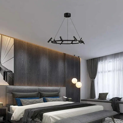 Decorbites black metal chandelier with angular branch-like arms and circular frame for minimalist dining room led lighting