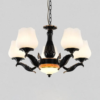 Decorbites black metal chandelier with five frosted glass shades and central amber gold accent for elegant lighting