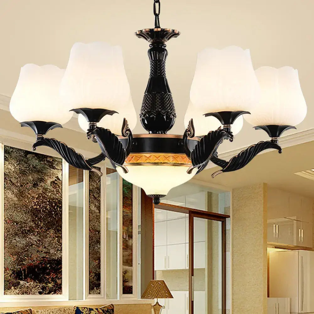 DecorBites black metal chandelier with five frosted glass shades and central amber-gold accent in sputnik style
