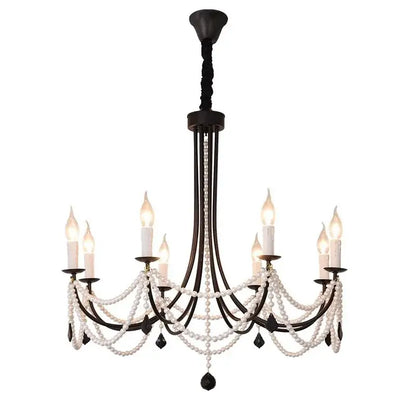 Elegant decorbites black metal led candle chandelier with white pearls and teardrop crystals for dining room lighting