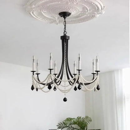 Decorbites black metal led candle chandelier with white pearls and black teardrop crystals for dining room lighting