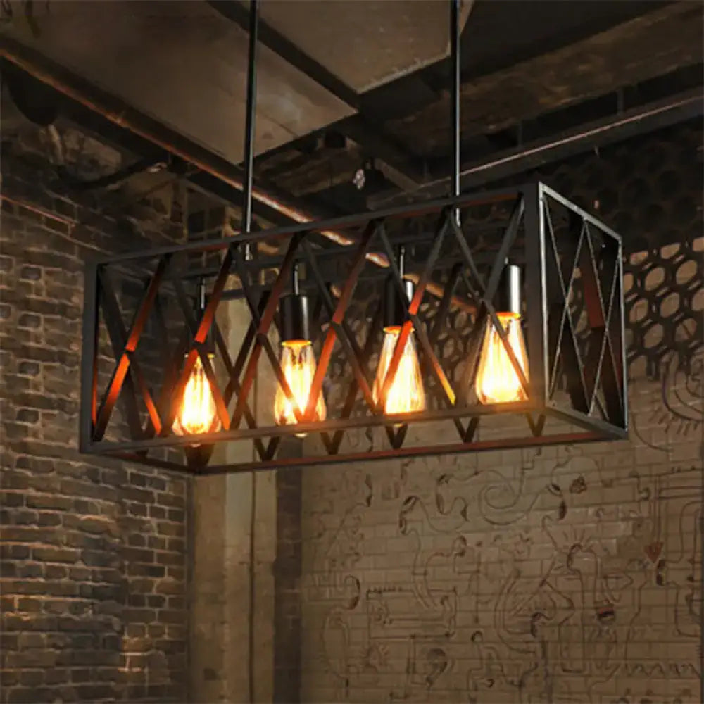 DecorBites black metal suspension pendant light with rectangular frame and Edison bulbs for dining room use