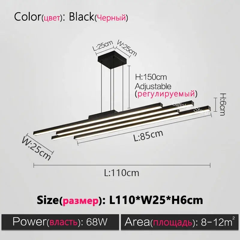 Black nordic chandelier by decorbites with three horizontal LED bars and adjustable height for modern living rooms