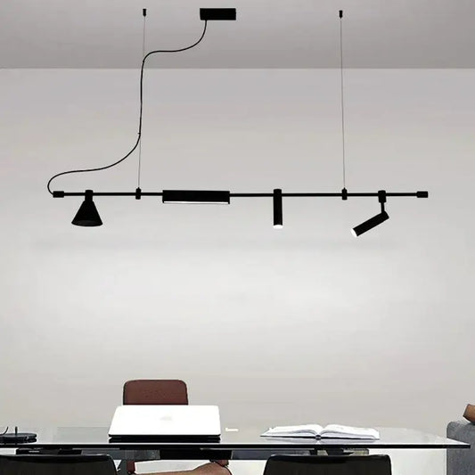 Black minimalist linear pendant light fixture with adjustable spotlights in decorbites black nordic designer chandelier style