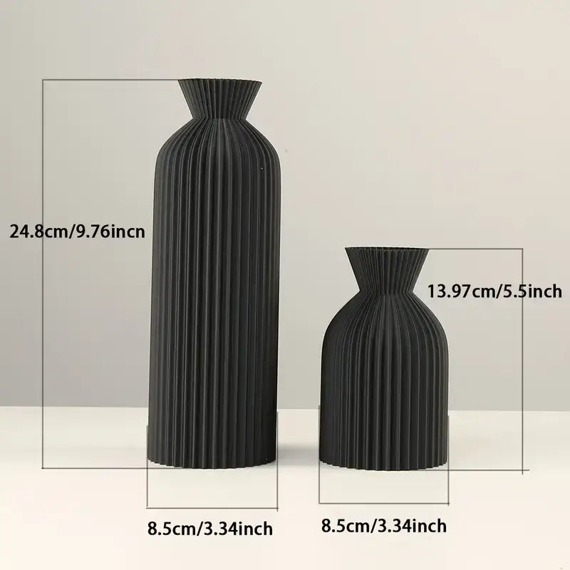 DecorBites™ black plastic vase features ribbed ceramic texture with fluted necks and matching bases for stylish boho decor