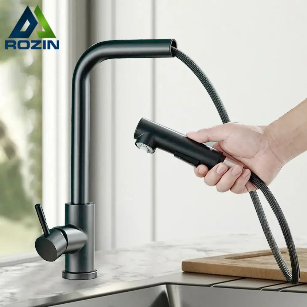 Decorbites black pull kitchen faucet with black matte finish flexible hose and dual mode pull out spray head