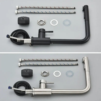 Decorbites black pull kitchen faucet with pull-down dual mode nozzle and stainless steel braided hoses in matte finish