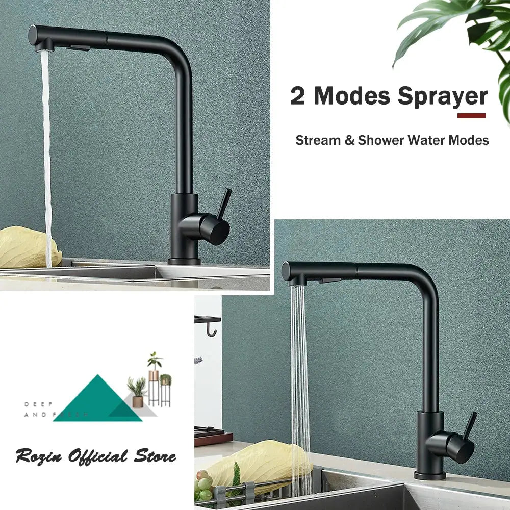Decorbites black pull kitchen faucet with matte finish and sleek modern dual mode pull down spray head