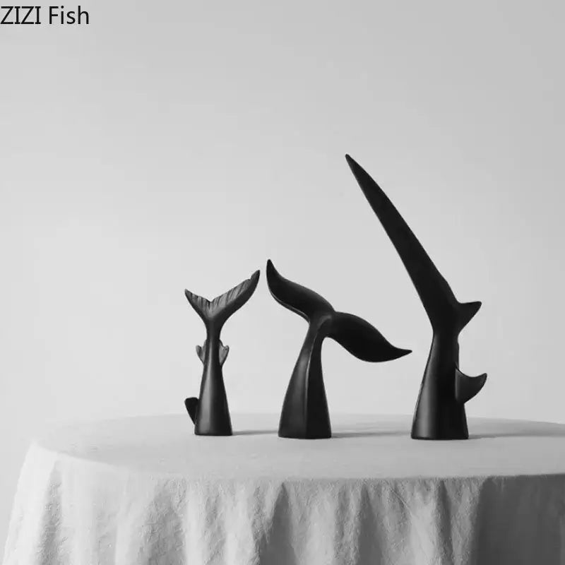 Set of three sleek black shark tail resin sculptures with smooth matte finish by decorbites black shark for home decor