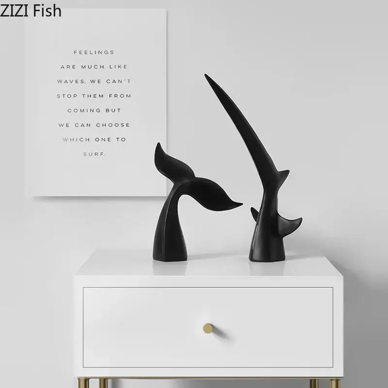 Decorbites black shark tail resin sculpture featuring sleek black resin design for vintage desk ornament home decor
