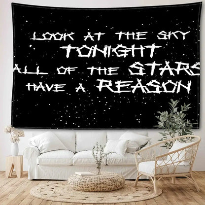 Black wall tapestry with white stardust and distressed lettering from decorbites black sky art sky art tapestry bedroom decor