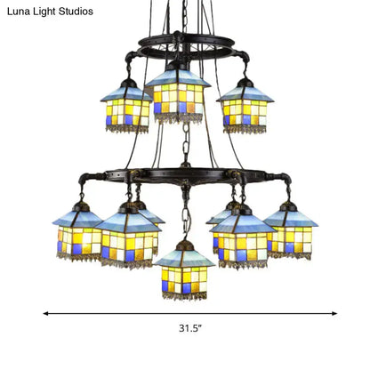 DecorBites black stained glass 2-tier chandelier with blue and yellow shades and dark metal frame for lodge style living rooms compatible with 110v-120v and 220v-240v