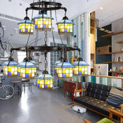 Decorbites™ black stained glass 2-tier chandelier with yellow and blue lanterns 220v-240v and 110v-120v compatible