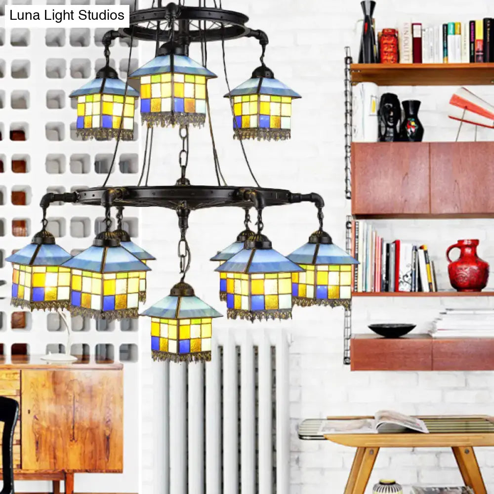 DecorBites black stained glass 2-tier chandelier with blue and yellow panels for lodge style living rooms, 110v-120v and 220v-240v