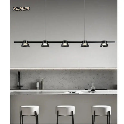 Black metal pendant light with five adjustable cone-shaped heads from decorbites black strip chandelier for living room use