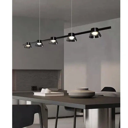 Decorbites black strip chandelier featuring a black modern pendant light with four adjustable spotlights for living room use