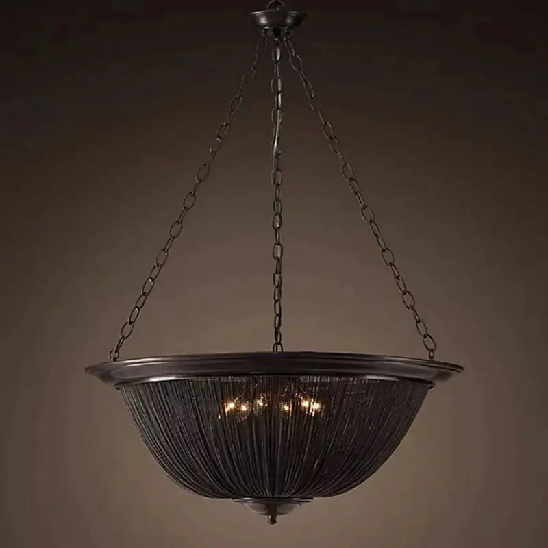 Dark bronze decorbites black tassel ceiling chandelier with woven chain design and warm-toned bulbs for living room