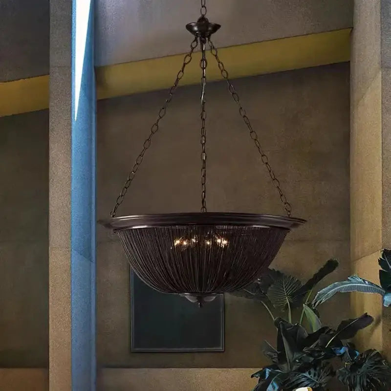 Dark bronze decorbites black tassel ceiling chandelier with woven metal basket and chain suspension for living rooms