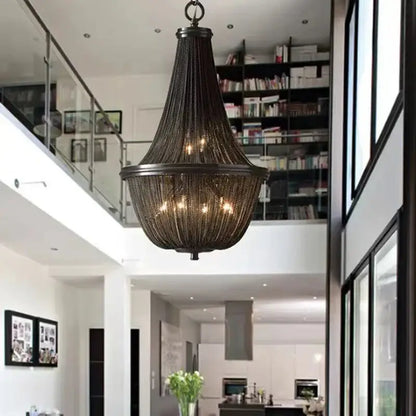Decorbites black tassel ceiling chandelier featuring black wrought iron and warm bulbs for living room pendant light