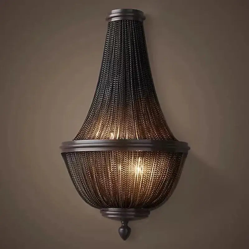 Dark bronze chain-link wall sconce with warm glowing light for decorbites black tassel ceiling chandelier living room pendant light
