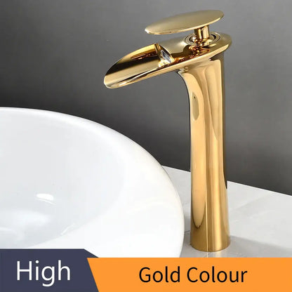 Decorbites™ black waterfall bathroom faucet mixer tap with gold-colored polished finish and sleek modern design basin faucet