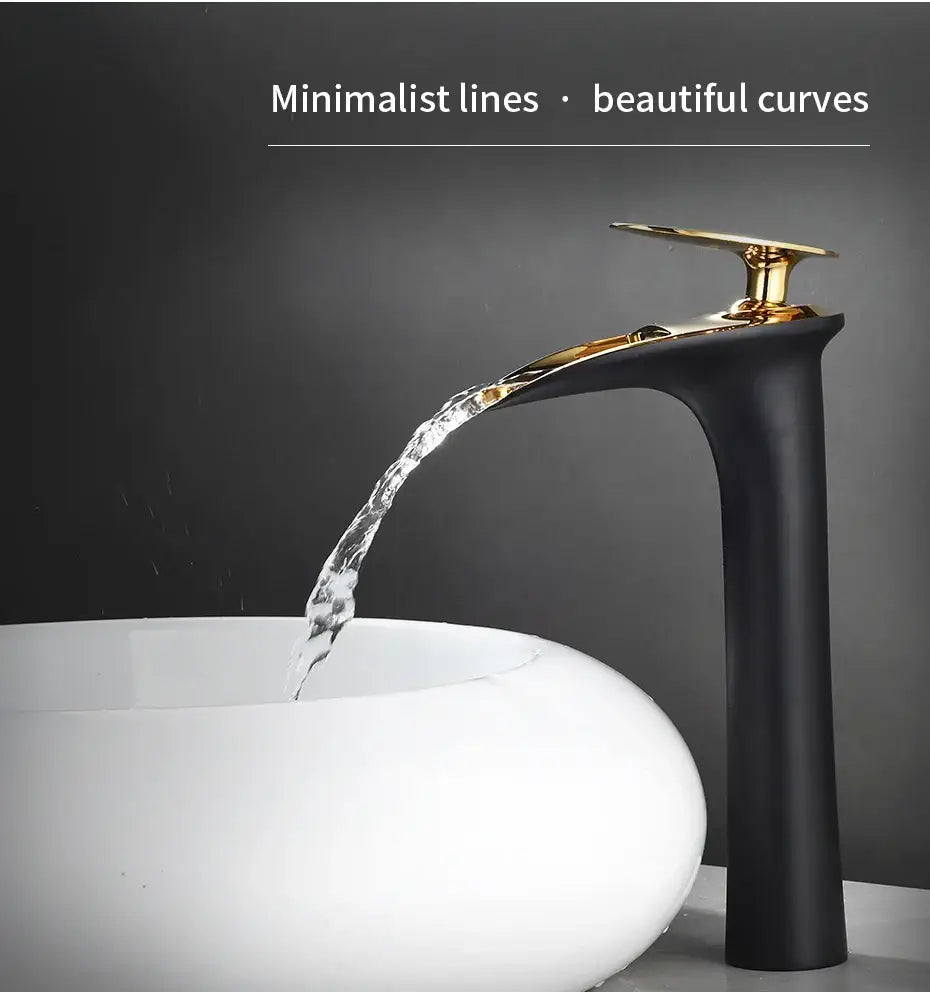 Decorbites black waterfall bathroom faucet mixer tap in black and gold flowing water into white basin for modern basin faucets