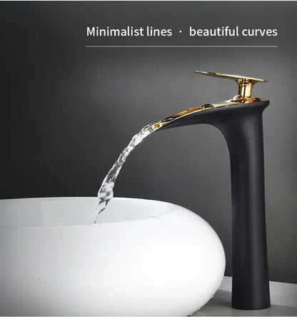 Decorbites black waterfall bathroom faucet mixer tap in black and gold flowing water into white basin for modern basin faucets