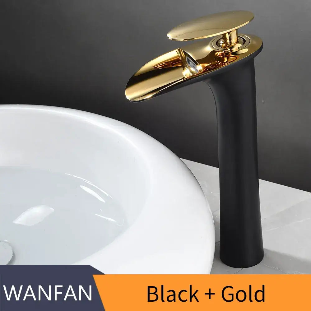 Decorbites™ black waterfall bathroom faucet mixer tap with gold modern high-arc spout basin faucets for bathrooms