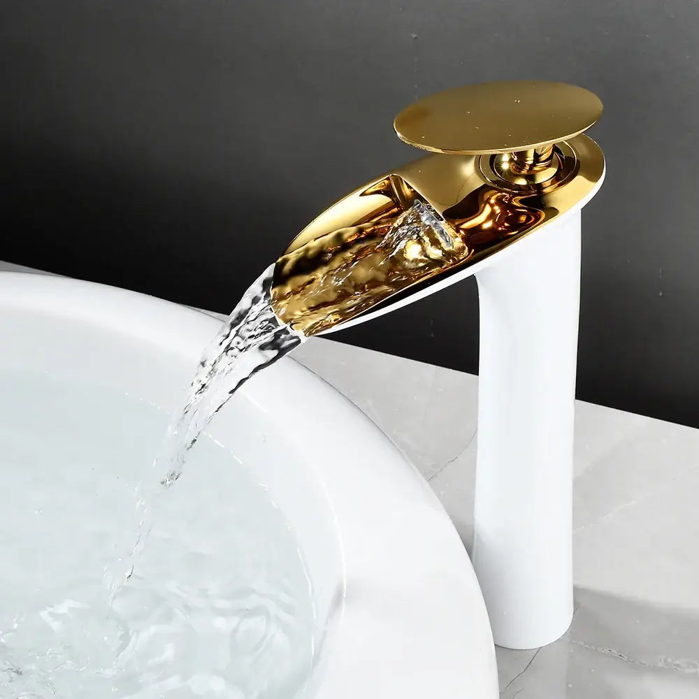 Decorbites™ black waterfall bathroom faucet mixer tap with gold polished metallic finish and sleek modern design for basin faucets