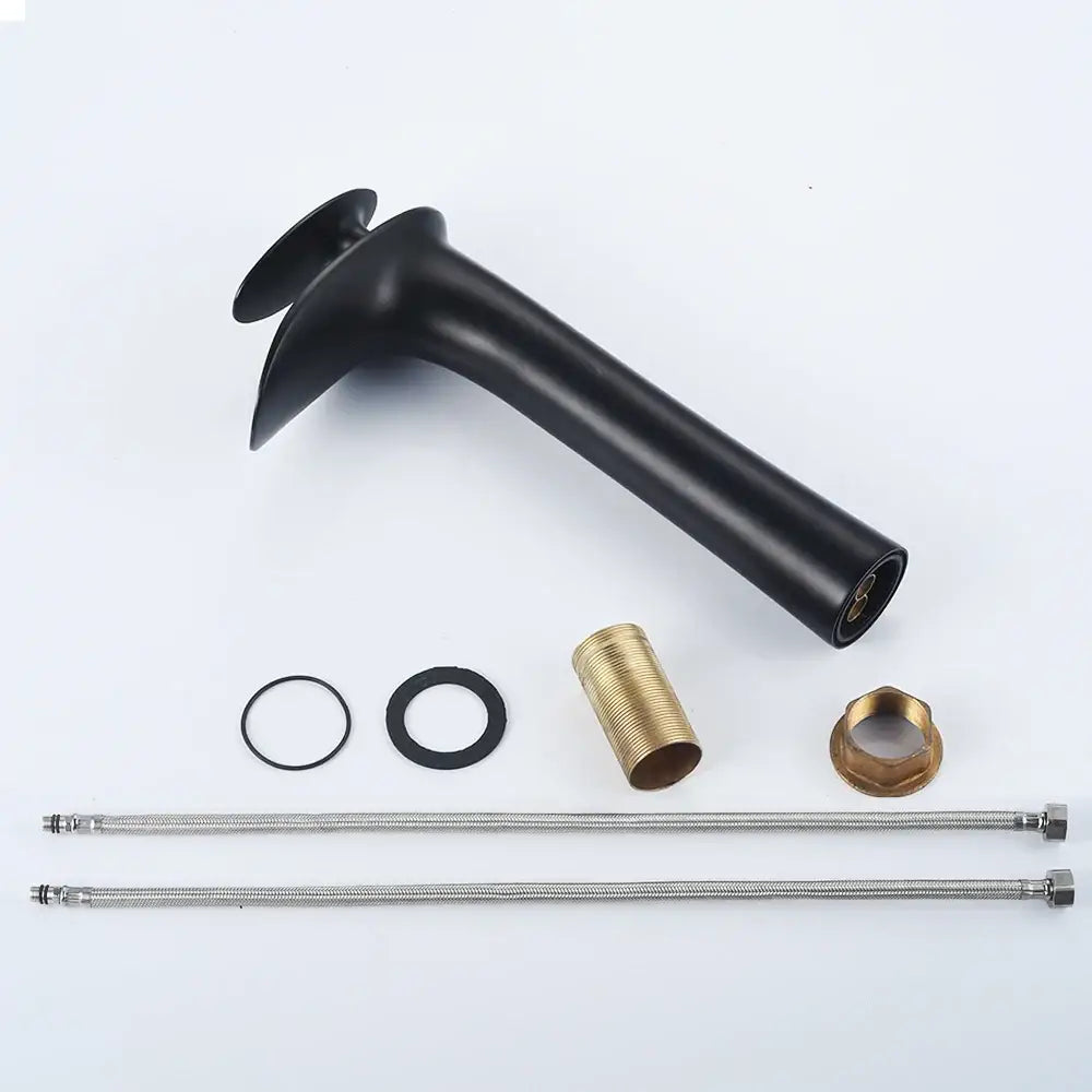 DecorBites™ black waterfall bathroom faucet mixer tap with matte finish and dual spout openings for modern basin faucets