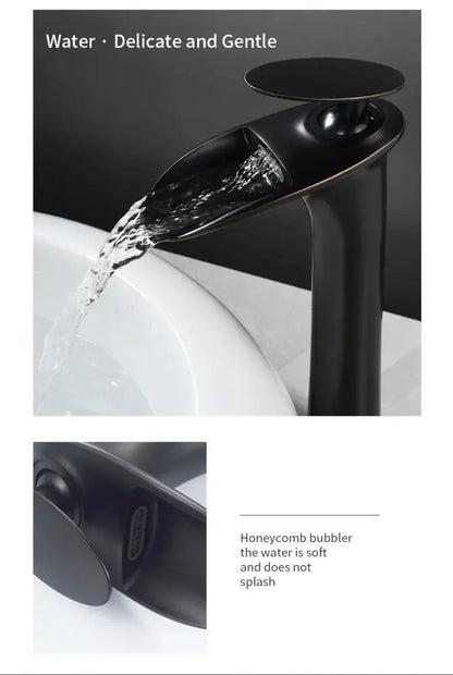 DecorBites black matte waterfall bathroom faucet mixer tap with honeycomb bubbler for soft basin faucets modern flow