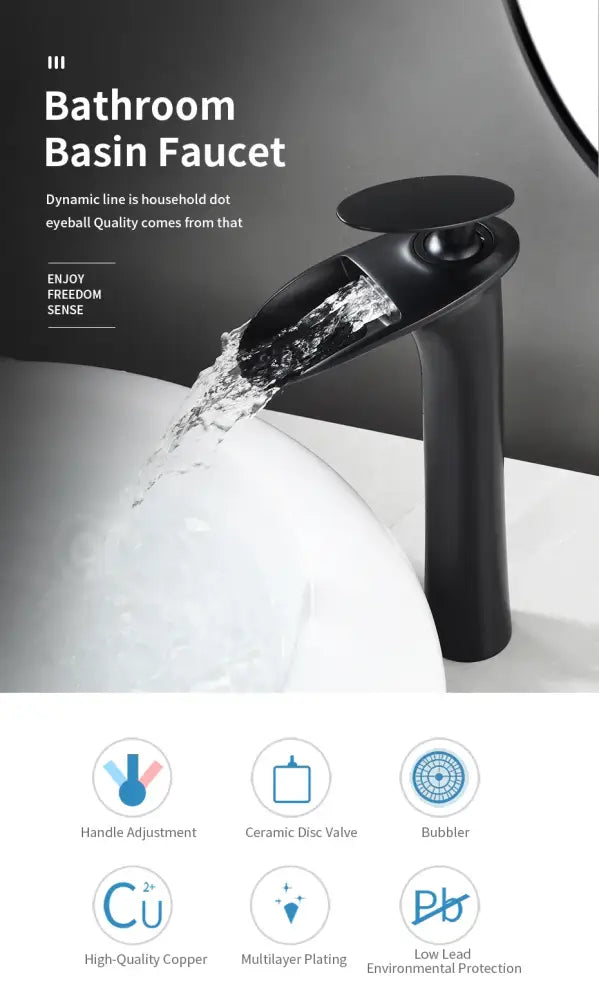 DecorBites™ black matte bathroom faucet with waterfall spout design for modern basin faucets use