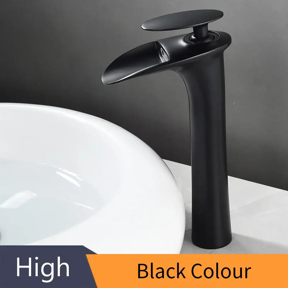 DecorBites™ black matte waterfall bathroom faucet mixer tap with high-arc sleek modern design for basin faucets modern use