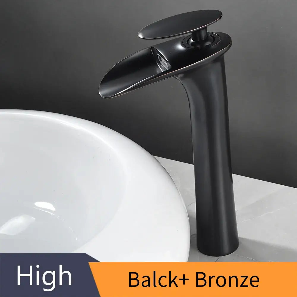 Black matte-finish waterfall bathroom faucet mixer tap with bronze accents for basin faucets modern decorbites