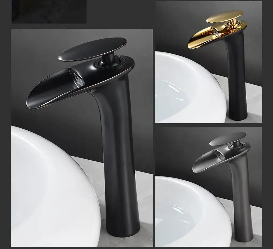 Decorbites™ black waterfall bathroom faucet mixer tap with matte finish gold-tone accent modern basin faucets design