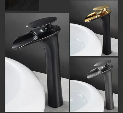 Decorbites™ black waterfall bathroom faucet mixer tap with matte finish gold-tone accent modern basin faucets design