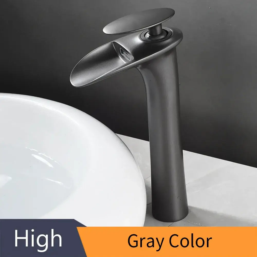 Matte gray DecorBites™ black waterfall bathroom faucet mixer tap with high-arc sleek modern design for basin faucets modern use