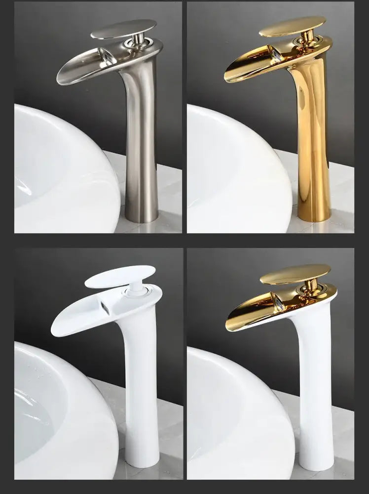 DecorBites black waterfall bathroom faucet mixer tap in brushed stainless steel gold-plated or white ceramic with sleek curved spout for modern basin faucets
