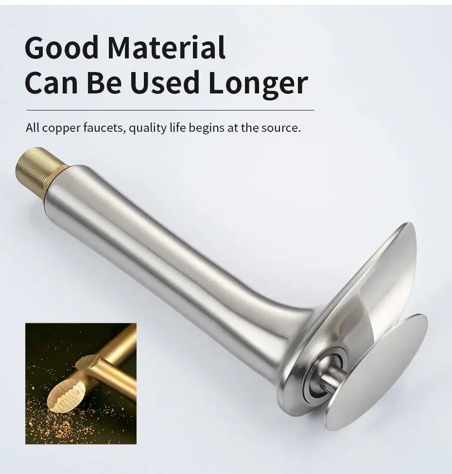 Modern brushed stainless steel bathroom faucet with sleek curved spout and brass-finished connection for basin faucets