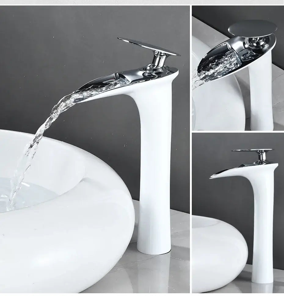 Modern chrome-finished DecorBites™ bathroom faucet with sleek curved spout and white ceramic base for basin faucets modern use