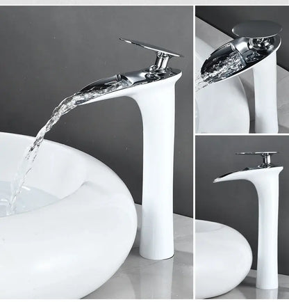 Modern chrome-finished DecorBites™ bathroom faucet with sleek curved spout and white ceramic base for basin faucets modern use