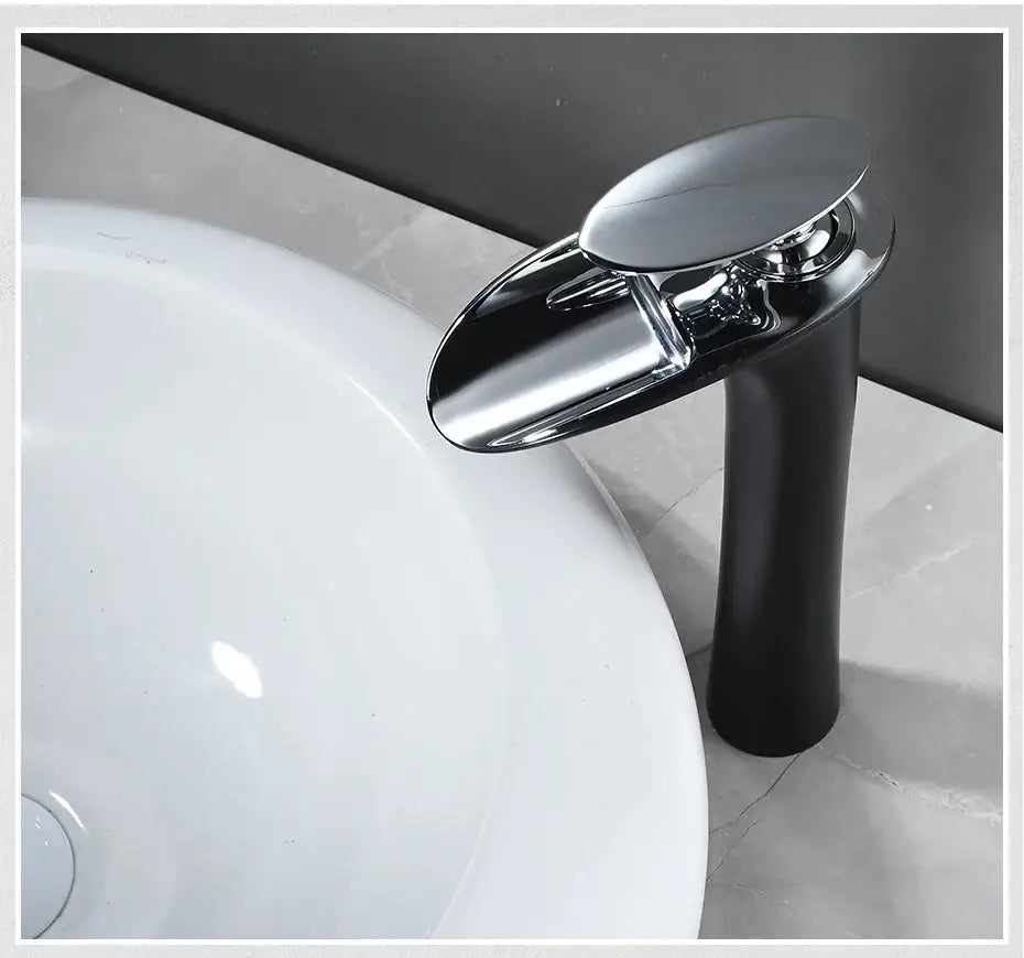 Decorbites™ black waterfall bathroom faucet mixer tap with modern chrome finish and black cylindrical base for basin faucets