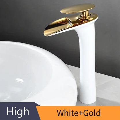 Decorbites™ black waterfall bathroom faucet mixer tap with white ceramic base and sleek gold basin faucets modern design